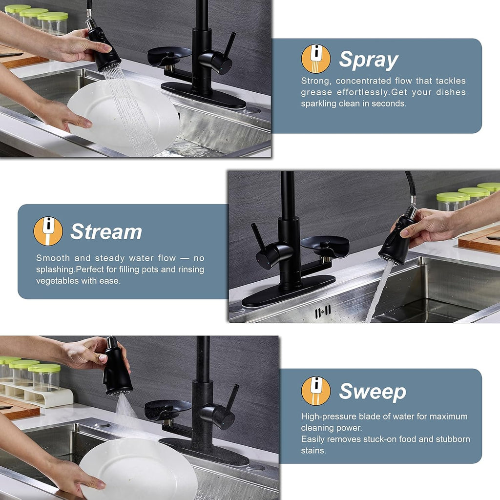 Matte Black Kitchen Faucet with Glass Rinser, Pull Down Sprayer with 3 Water Modes, Single Handle Stainless Steel Kitchen Sink Faucet with Deck Plate, Modern High Arc Design