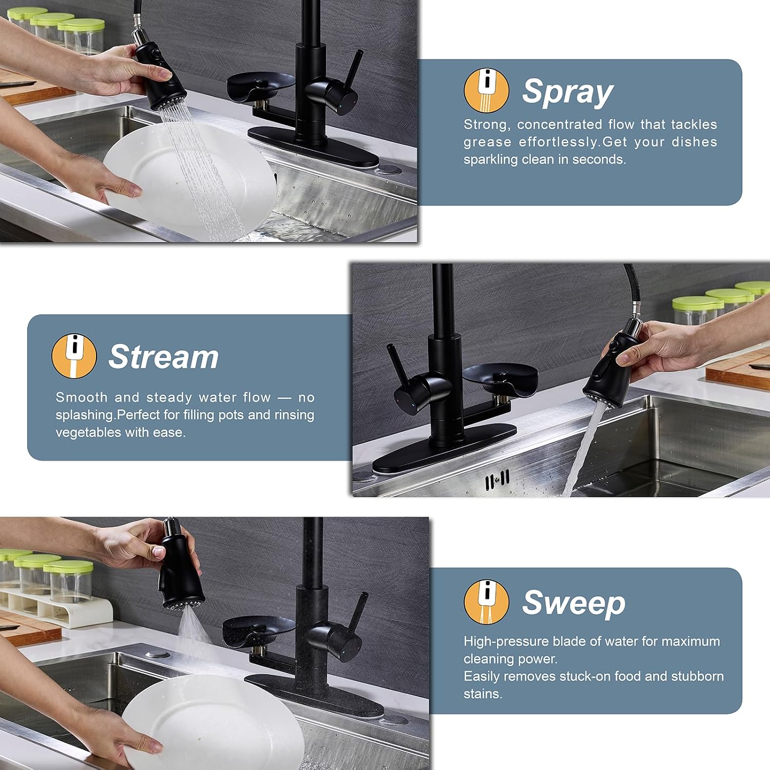 Matte Black Kitchen Faucet with Glass Rinser, Pull Down Sprayer with 3 Water Modes, Single Handle Stainless Steel Kitchen Sink Faucet with Deck Plate, Modern High Arc Design