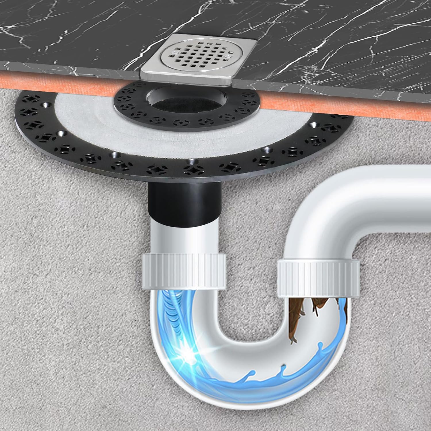 Shower Drain Kit 2 Inch Integrated Shower Flange Kit | Compatible with Schluter Kerdi Drain Systems, ABS Shower Drain Base Flange,304 Stainless Steel 4'' Drain Grate