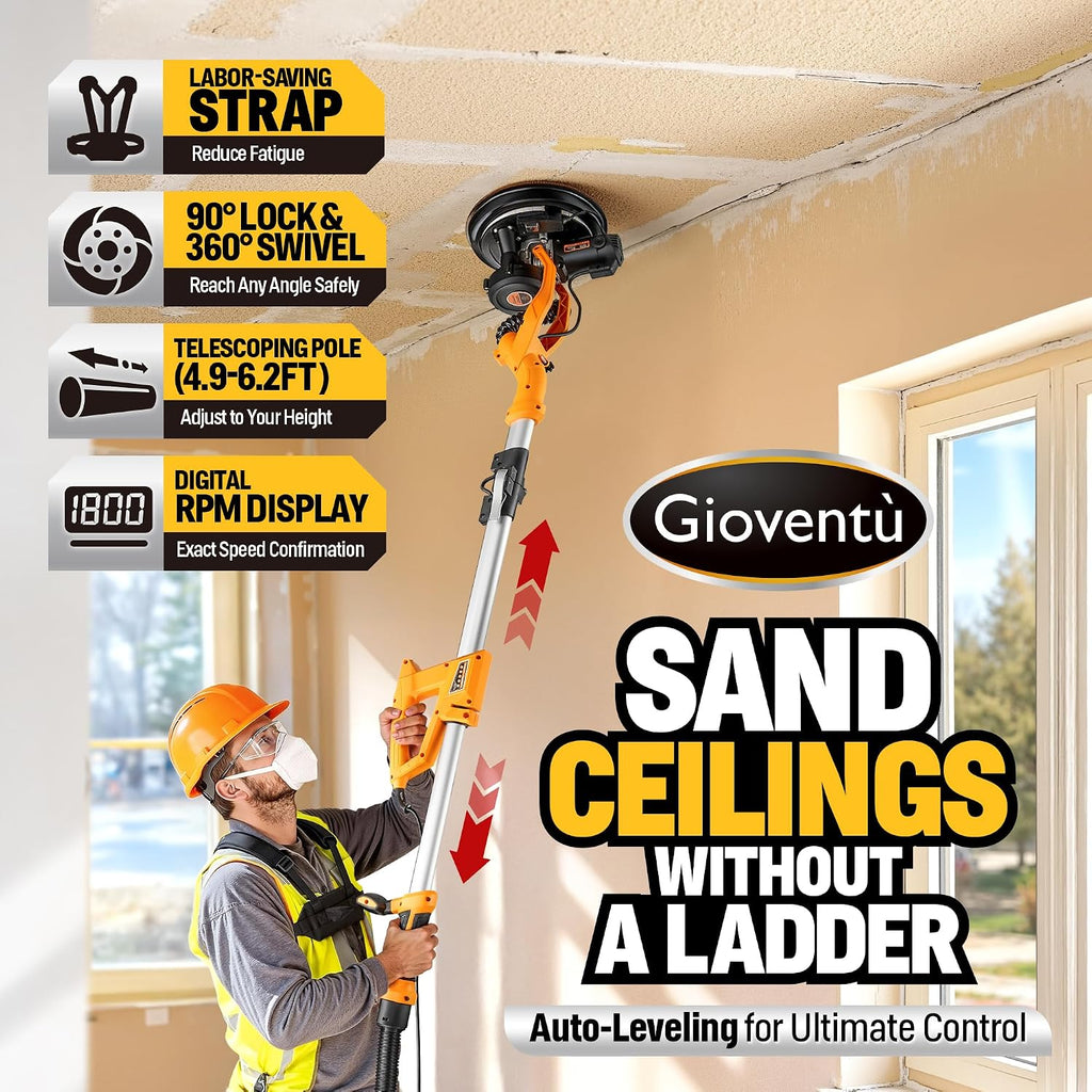 Dustless Electric Drywall Vacuum Sander, 950W 8.5A for Ceiling/Wall | 99.5% Dust Collection, 800-2100RPM, 26' Cord, Extendable Pole, Labor-Saving Strap, LED Light for Popcorn Ceiling, Corner