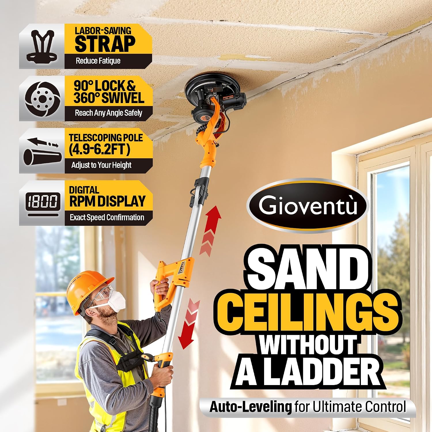 Dustless Electric Drywall Vacuum Sander, 950W 8.5A for Ceiling/Wall | 99.5% Dust Collection, 800-2100RPM, 26' Cord, Extendable Pole, Labor-Saving Strap, LED Light for Popcorn Ceiling, Corner