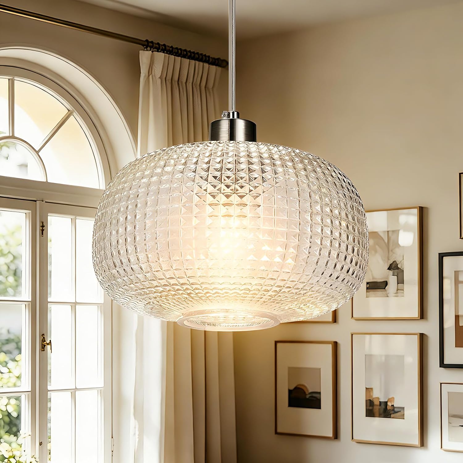 Glass Pendant Lights Kitchen Island 10" Glass Pendant Light 1 Pack | Clear Hammered Glass Shade,Brushed Nickel Metal, Adjustable Height,Island Light for Dining Room Bedroom Entryway