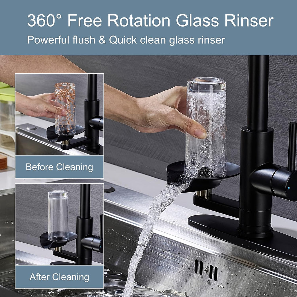 Matte Black Kitchen Faucet with Glass Rinser, Pull Down Sprayer with 3 Water Modes, Single Handle Stainless Steel Kitchen Sink Faucet with Deck Plate, Modern High Arc Design