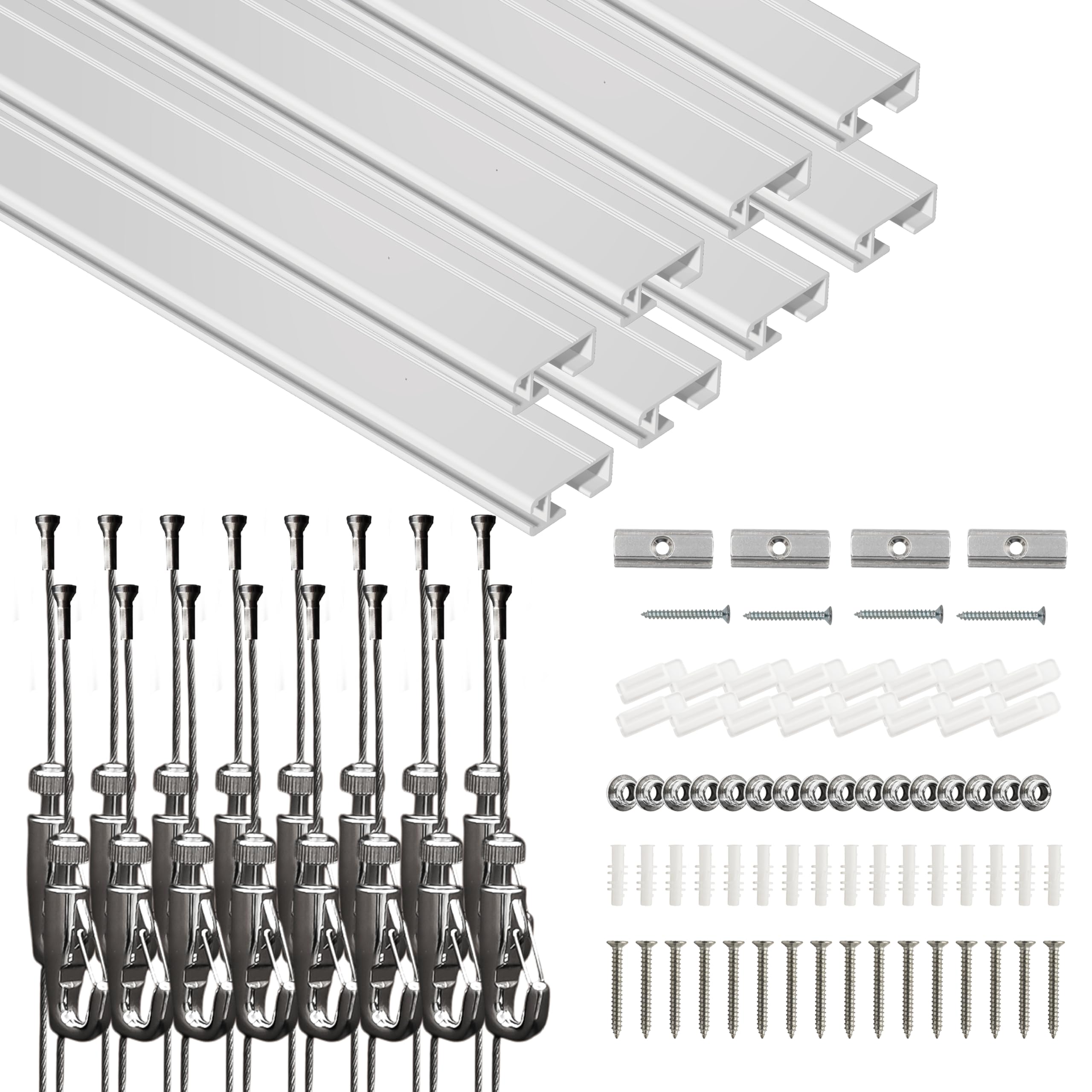 19.69 Ft Picture Hanging System, 4 x 60 Inch Wall Rails | Includes adjustable wires and hooks for frames, photos and wall décor.