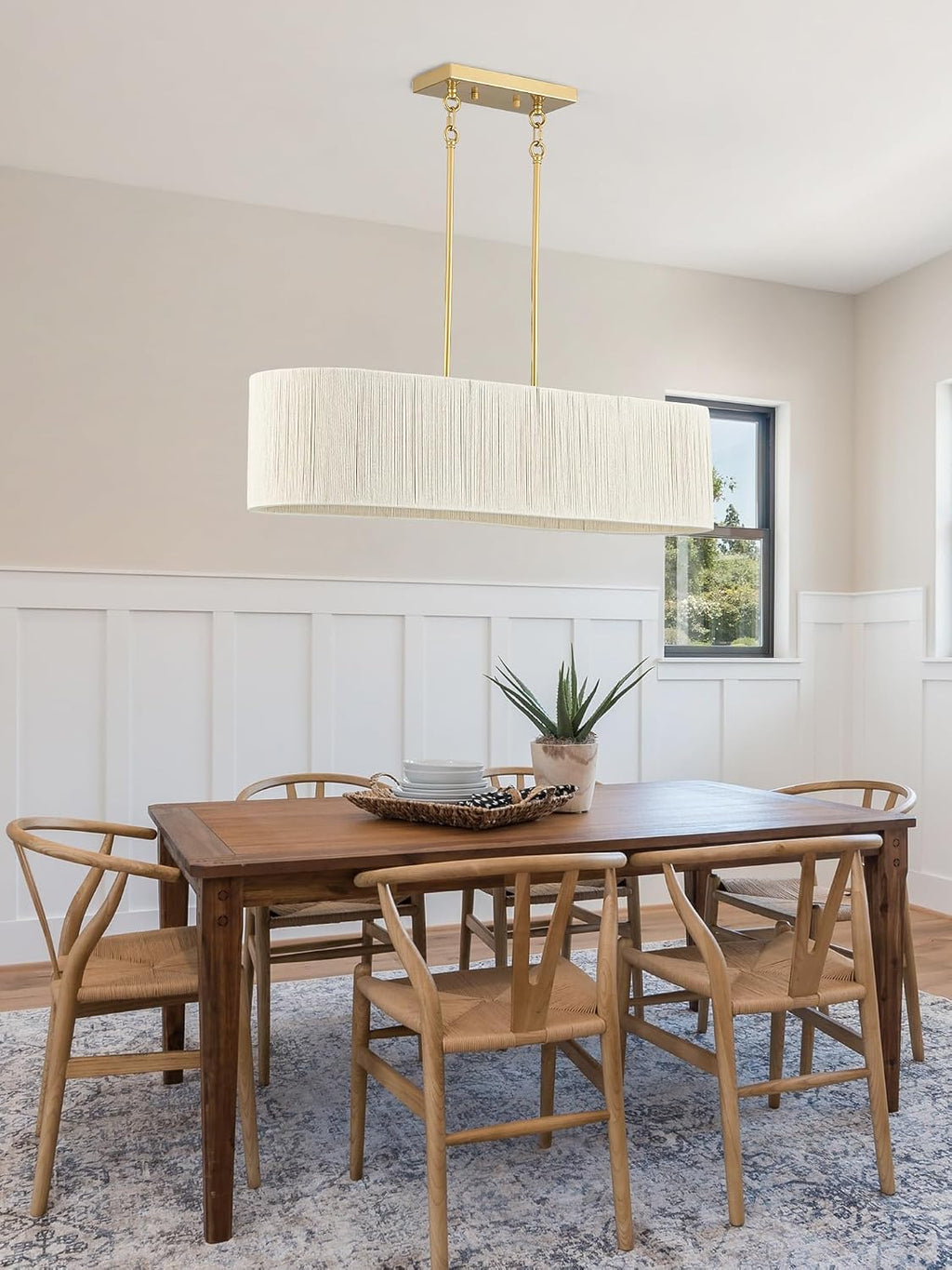 35”Hand Woven Rattan Chandelier, Boho Dining Room Pendant Light Fixture | Coastal Modern Farmhouse Rectangle Chandeliers with Adjustable Downrod for Kitchen Island,Living Room,Restaurant,Bar,White