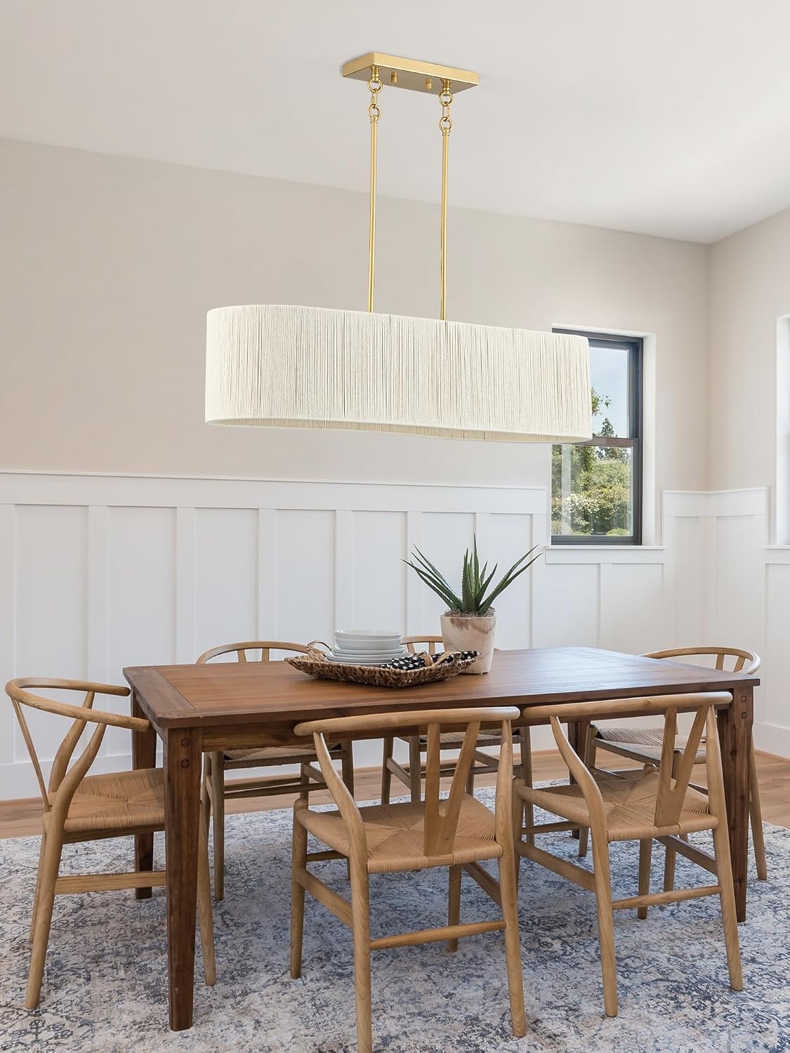 35”Hand Woven Rattan Chandelier, Boho Dining Room Pendant Light Fixture | Coastal Modern Farmhouse Rectangle Chandeliers with Adjustable Downrod for Kitchen Island,Living Room,Restaurant,Bar,White