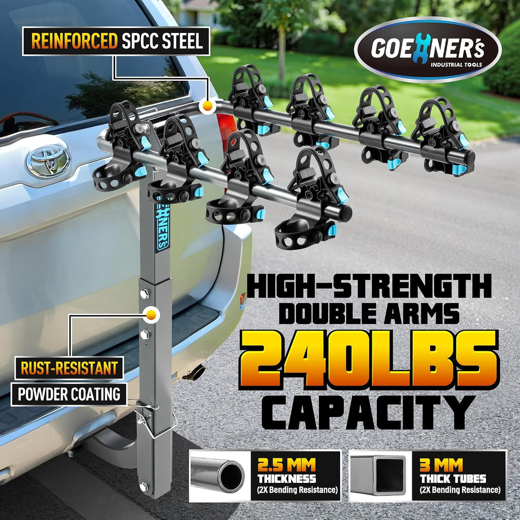 Premium 4-Bike Hitch Rack – 240 lbs Max Load (60 lbs/Bike), Heavy-Gauge Steel, Dual Locking Anti-Wobble, 2" Receiver, Folding Arms, Tilt-Away – for SUV, Truck, RV