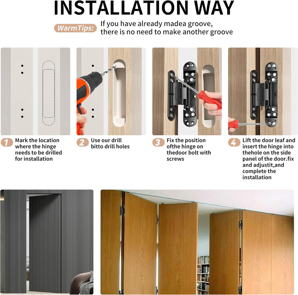6 Inch Hidden Door Hinge Heavy Duty 3 Way Adjustable Invisible Hinges | 2pack Black 120 Degree Swing Zinc Alloy Silent Butt Concealed Hinge for Secret Room Bookcase Bookshelf Wood Door