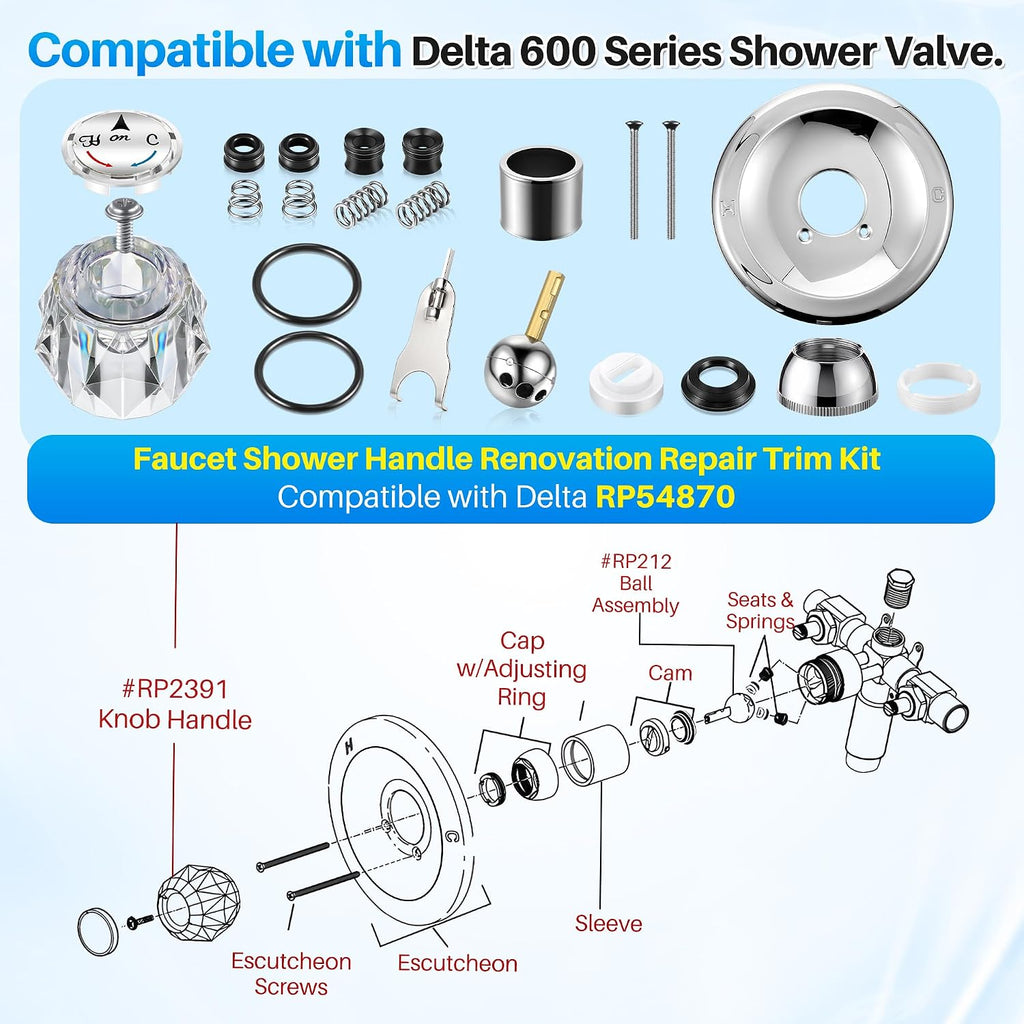 Trim Repair Kit Compatible with Delta RP54870 (Chrome) | Single Function Tub Shower Handle Renovation Trim Kit Compatible with Delta 600 Series Shower Valve, Acrylic Handle