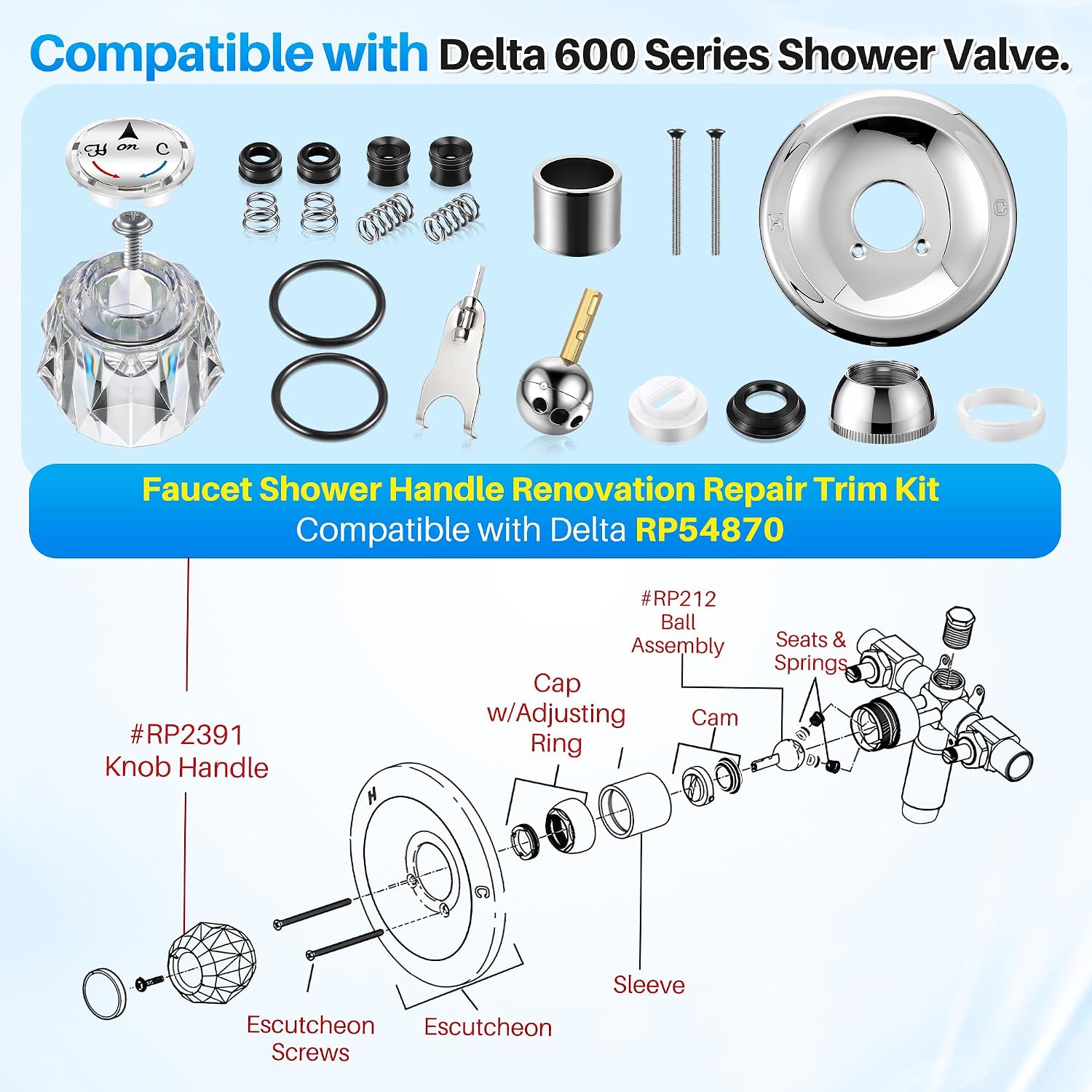 Trim Repair Kit Compatible with Delta RP54870 (Chrome) | Single Function Tub Shower Handle Renovation Trim Kit Compatible with Delta 600 Series Shower Valve, Acrylic Handle
