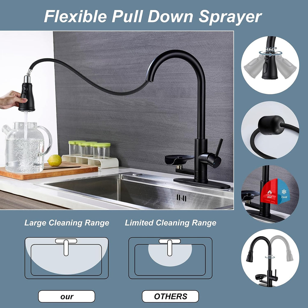 Matte Black Kitchen Faucet with Glass Rinser, Pull Down Sprayer with 3 Water Modes, Single Handle Stainless Steel Kitchen Sink Faucet with Deck Plate, Modern High Arc Design