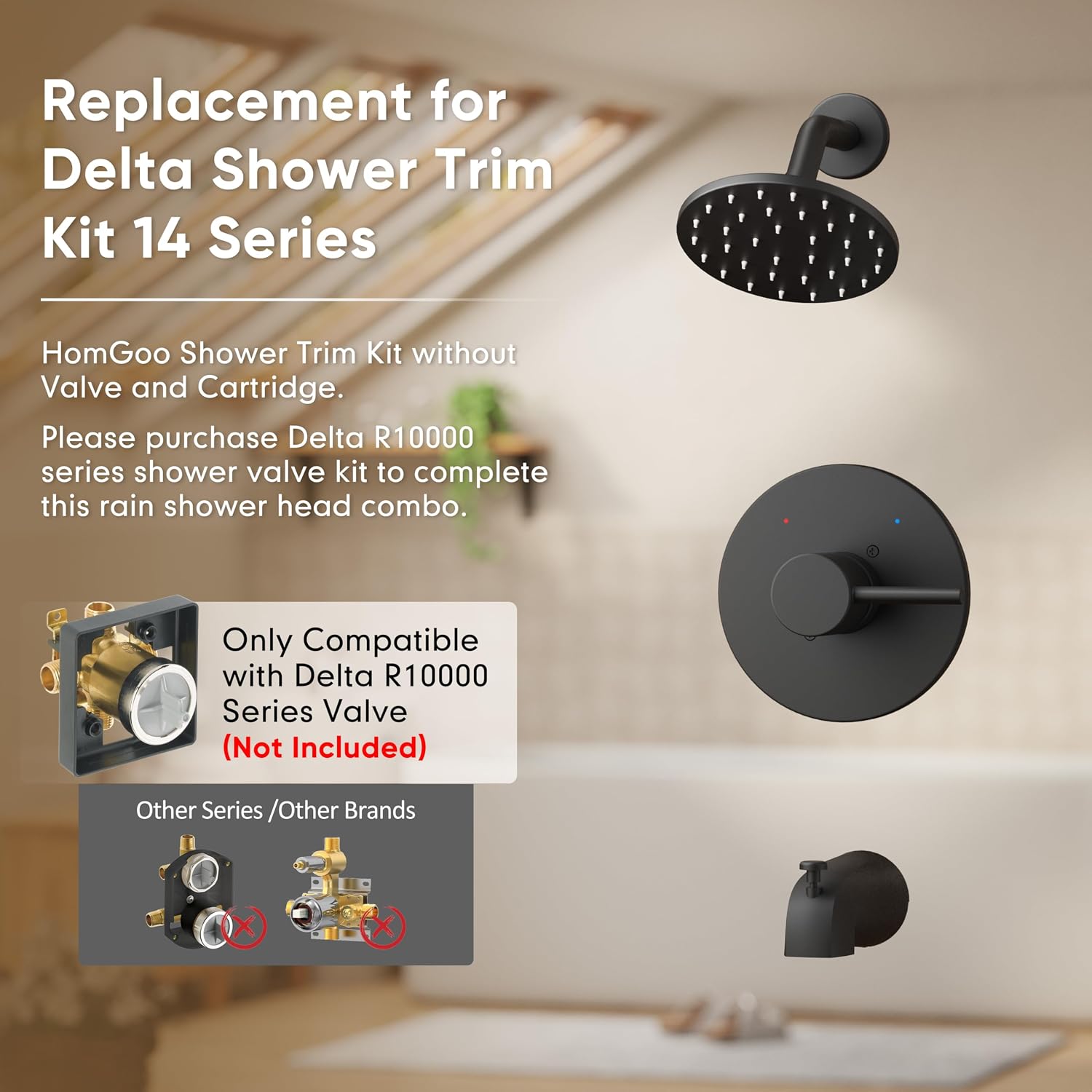 Replacement for Delta Shower Trim Kit 14 Series Matte Black | Bathtub Shower Faucet Set, 6-Inch Black Shower Head and Handle Set, Valve/Cartridge Not Included