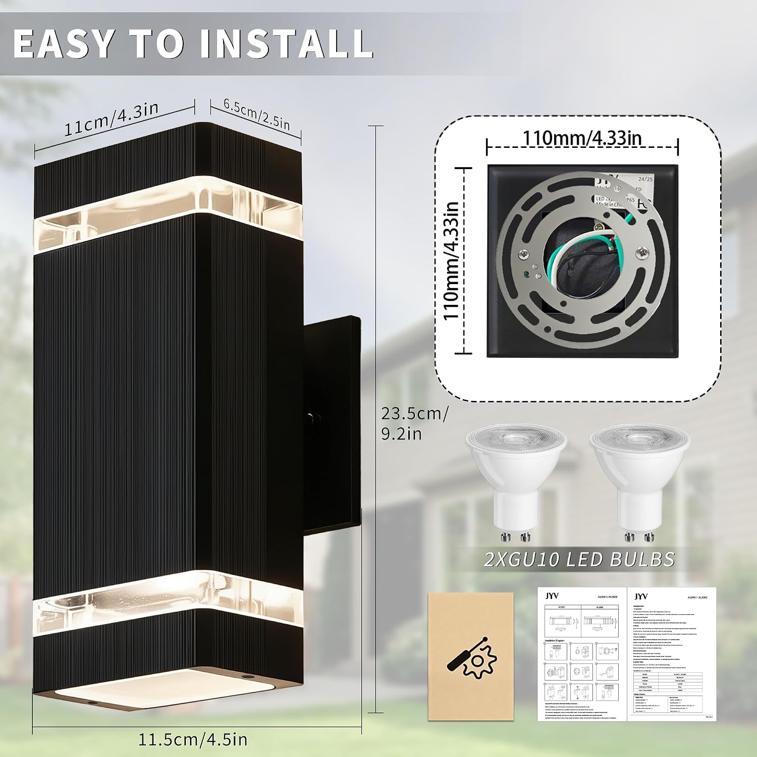 JYV Square Outdoor Wall Lights, Up and Down LED Porch Lights, Black | Aluminum Exterior Lighting Fixtures with 2 * 7W Bulbs 3000K, Waterproof Outdoor Sconces Wall Lighting, for House Porch Garage