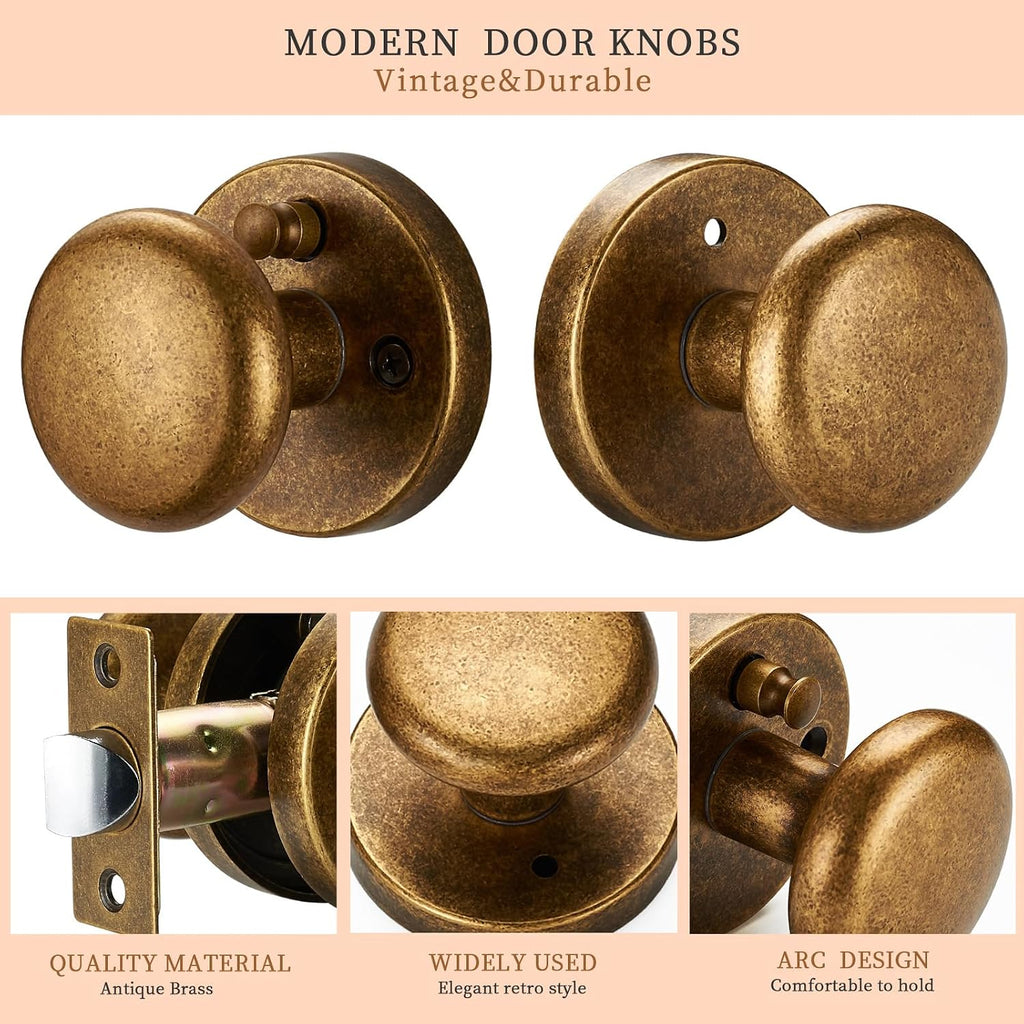 Antique Brass Door Knob with Push-Button Lock - Durable & Elegant Privacy Door Handle for Interior Doors, Classic Round Design for Bedroom Bathroom Doors (Privacy)