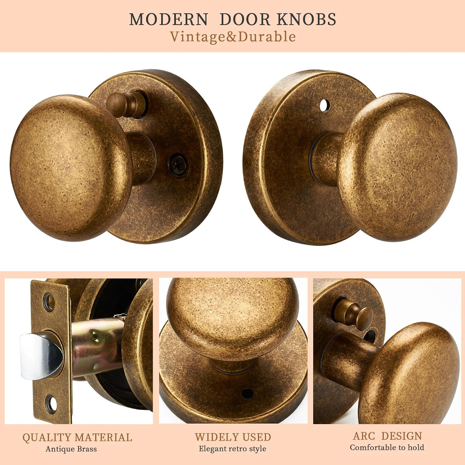 Antique Brass Door Knob with Push-Button Lock - Durable & Elegant Privacy Door Handle for Interior Doors, Classic Round Design for Bedroom Bathroom Doors (Privacy)