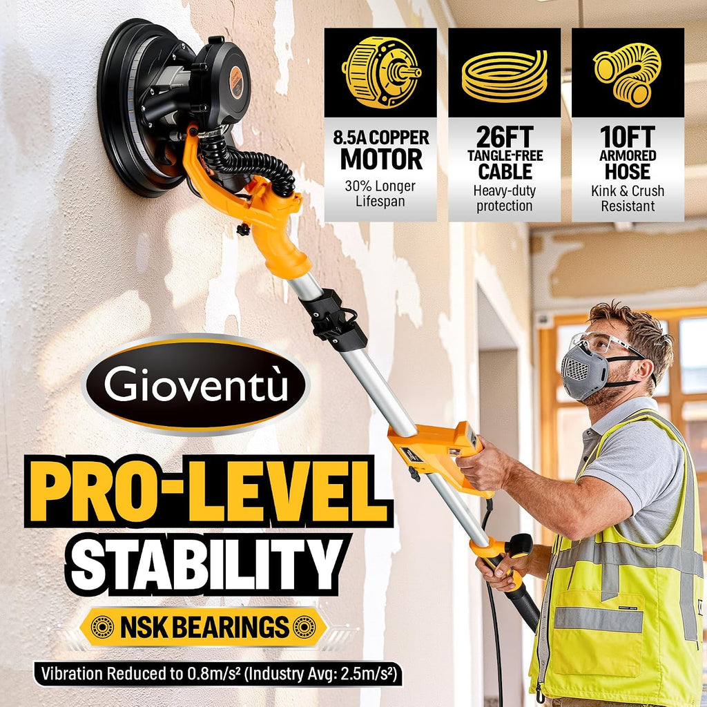 Dustless Electric Drywall Vacuum Sander, 950W 8.5A for Ceiling/Wall | 99.5% Dust Collection, 800-2100RPM, 26' Cord, Extendable Pole, Labor-Saving Strap, LED Light for Popcorn Ceiling, Corner