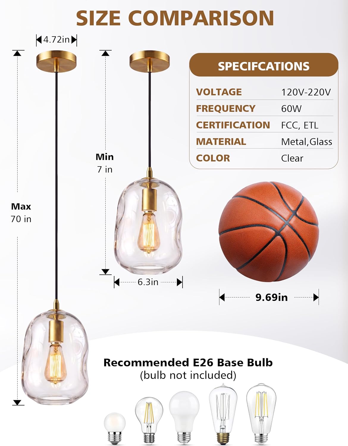 NIORSUN 1 Pack Pendant Lights Kitchen Island, Gold Pendant Light Fixtures with Clear Thick Glass Shade, Modern Hanging Ceiling Lights for Kitchen, Bathroom, Bedroom and Dining Room