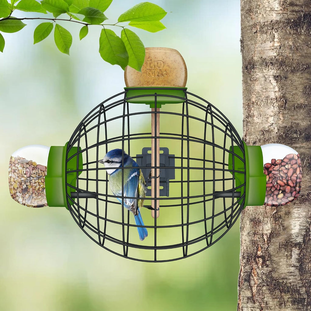 LONA Squirrel Proof Bird Feeding Cage for Outdoor All-Weather Metal Caged Bird Feeder with Peanut Butter Jar Holder, Trapeze Stick, Chew-Proof Feeding Cage for Small Birds (Round Cage, 3 Feeding Units