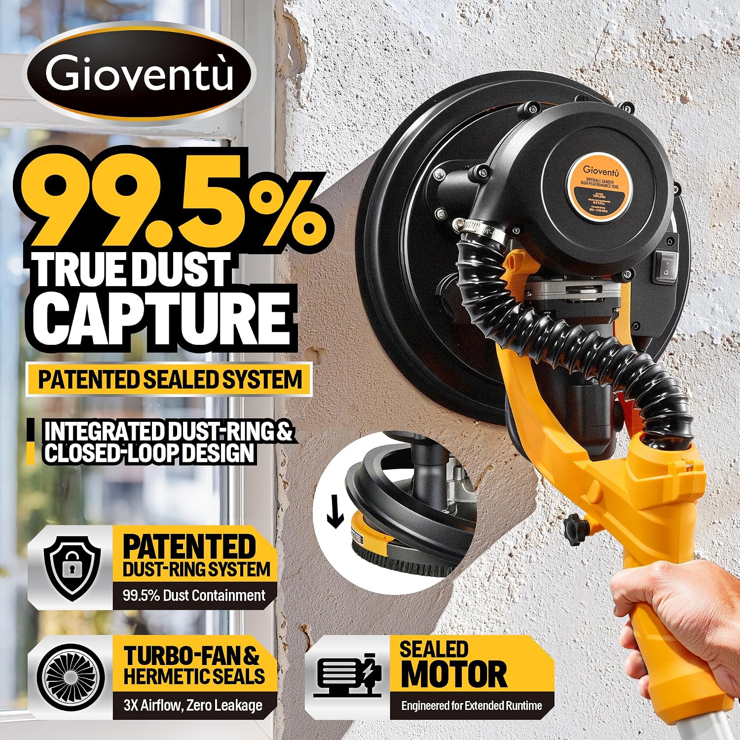 Dustless Electric Drywall Vacuum Sander, 950W 8.5A for Ceiling/Wall | 99.5% Dust Collection, 800-2100RPM, 26' Cord, Extendable Pole, Labor-Saving Strap, LED Light for Popcorn Ceiling, Corner