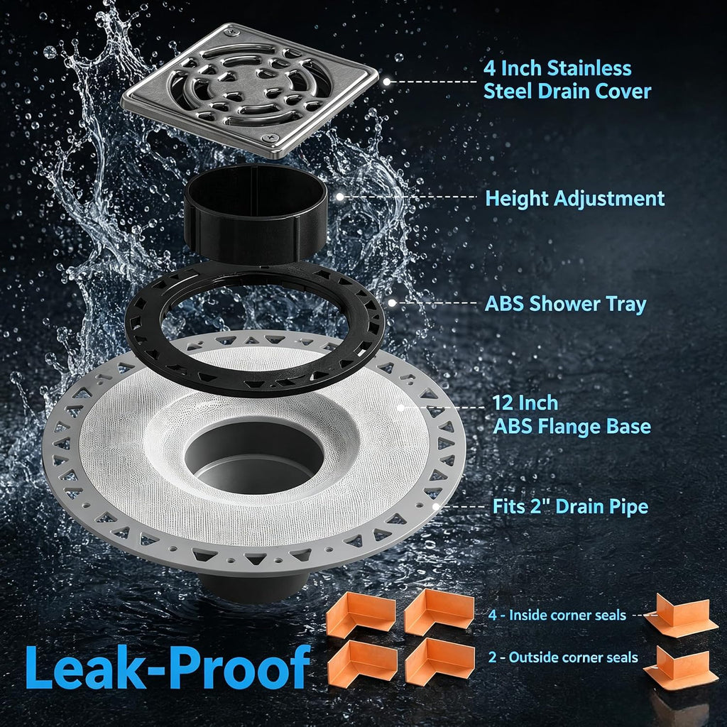Shower Drain Kit Compatible with Schluter Kerdi System, PVC Bonding Flange with Waterproofing, 4" Stainless Steel Square Grate, 2" Outlet for Tiled Shower Bathroom Renovation