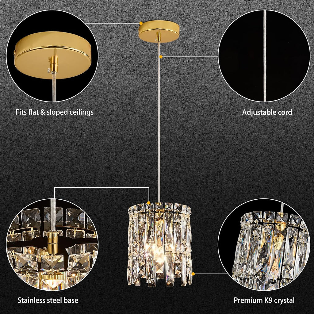 Gold Pendant Lights Kitchen Island 1 Pack Mini Crystal Chandeliers Modern Pendant Lights Ceiling Lighting Fixtures for Kitchen Island, Dining Room & Bedroom
