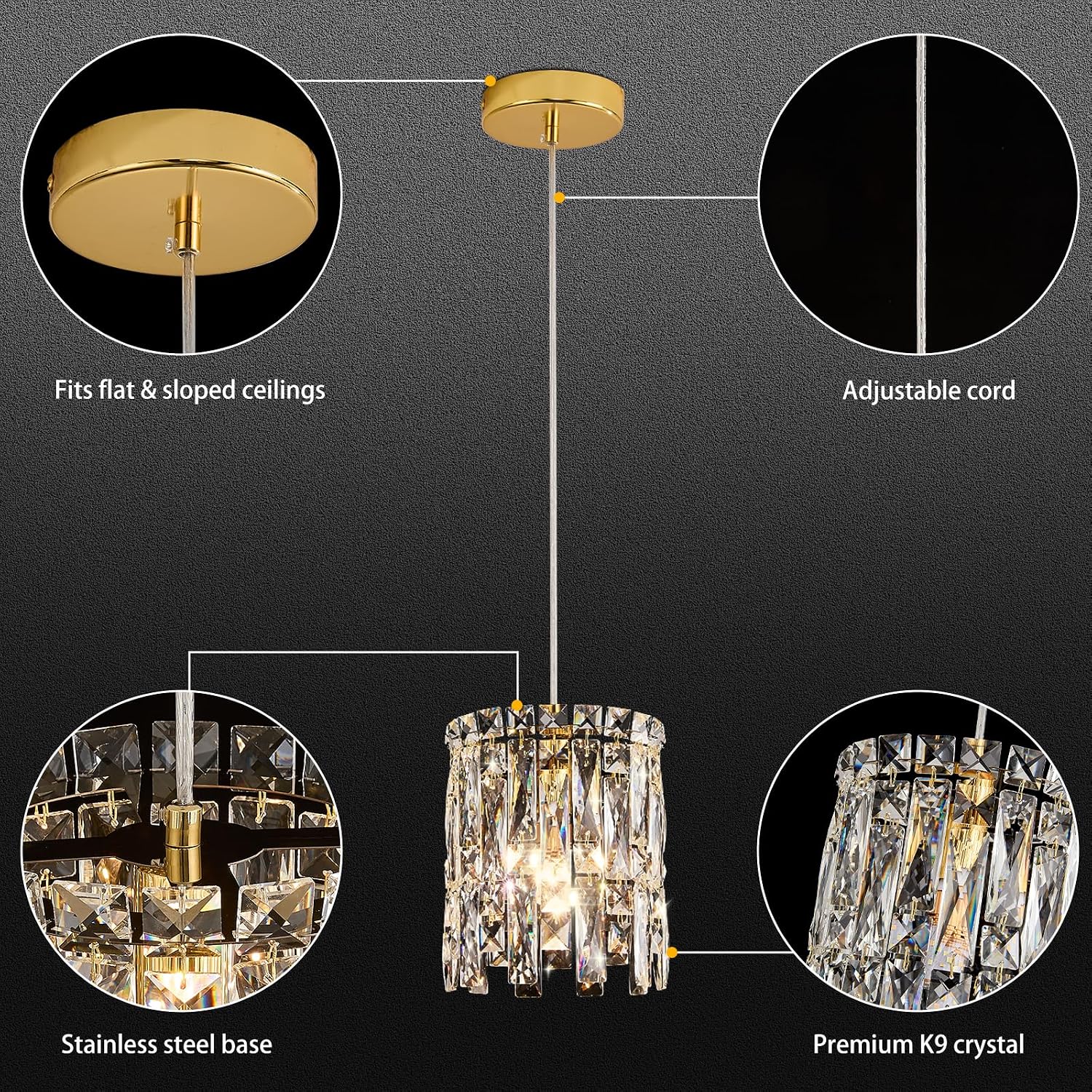 Gold Pendant Lights Kitchen Island 1 Pack Mini Crystal Chandeliers Modern Pendant Lights Ceiling Lighting Fixtures for Kitchen Island, Dining Room & Bedroom