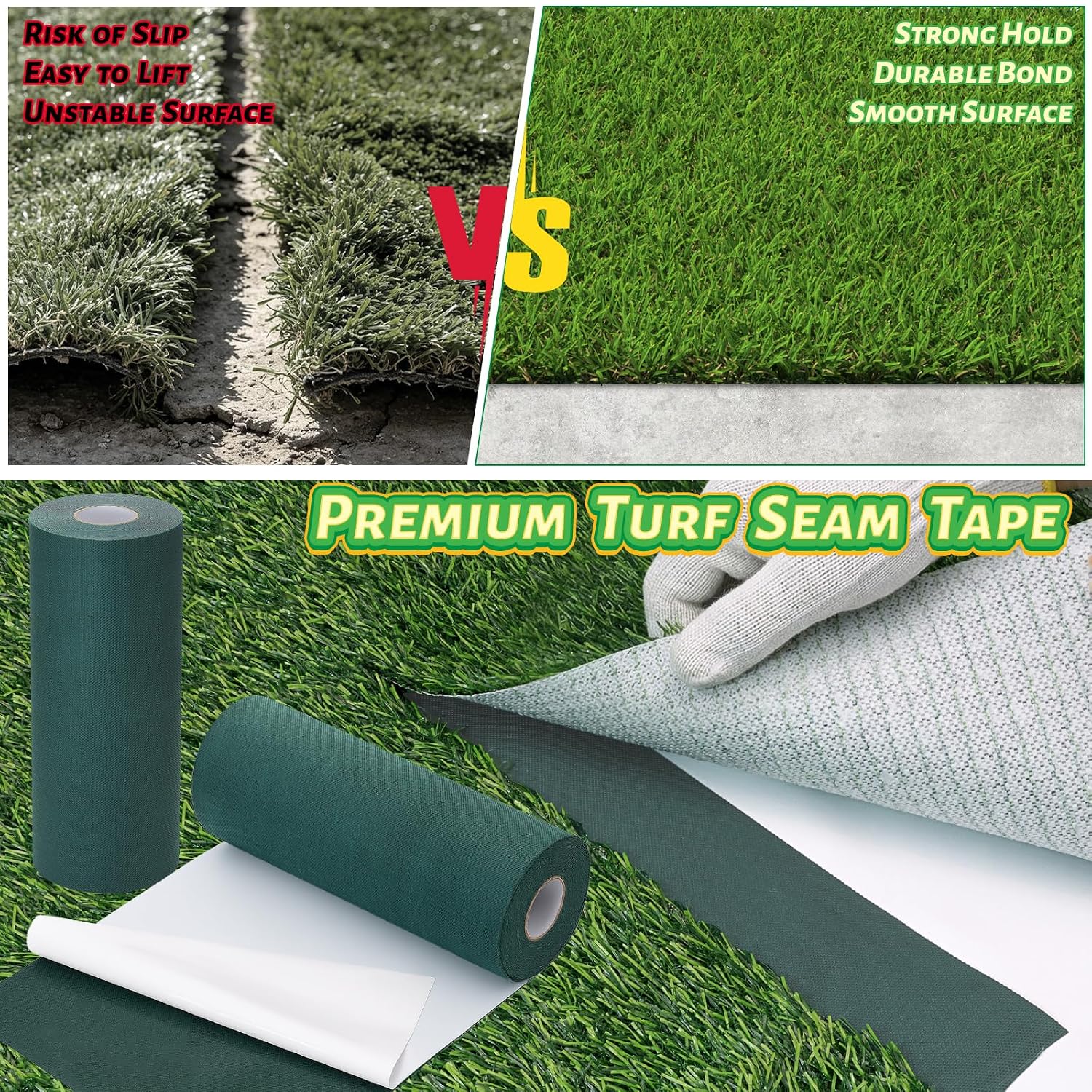 2 Rolls 12 Inch x 33ft (Each) Turf Tape for Artificial Grass Self-Adhesive | Artificial Turf Seam Tape with Gloves, Turf Rug Connecting Tape for Synthetic Lawn, Carpet Jointing, Outdoor Football Mat