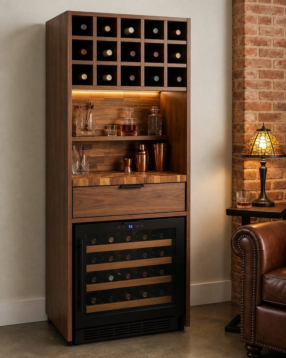Walnut wine bar with built-in wine fridge